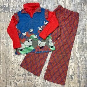 Vintage Carter’s Shirt Pants Sheep 2 Piece Outfit Double Knit Wide Leg Size 6x